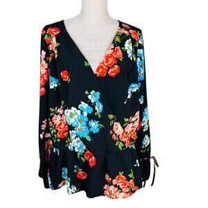 ASOS Blouse Top Size 18 Black Floral Bell Sleeves V-Neck Peplum